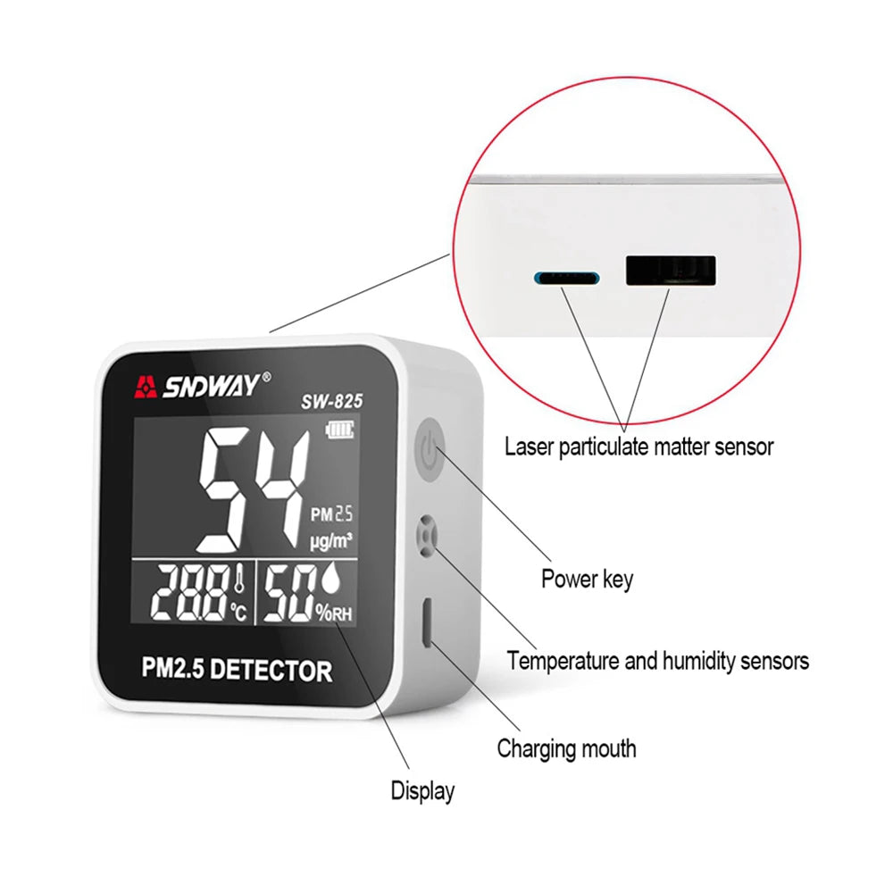 SW-825 Digital PM2.5 Detector 0-500 ugm³ Mini Portable Temperature Humidity Meter Laser Sensor Air Quality Monitor SW-825 Digital PM2.5 Detector 0-500 ugm³ Mini Portable Temperature Humidity Meter Laser Sensor Air Quality Monitor